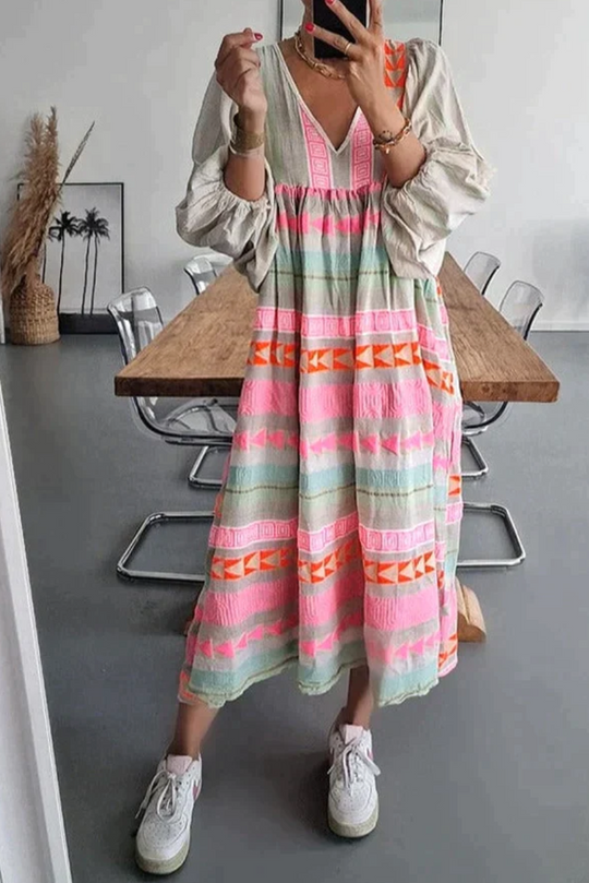 Damen Kleid Lang Bunt Elegant Aus Leichtem, Atmungsaktivem Material-1