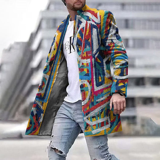 Herren Mantel Lang mit Einzigartigem Muster für Herbst und Winter, Sportlich und Casual 4