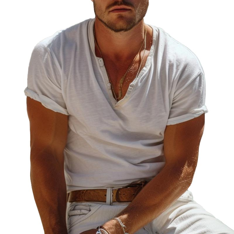 Herren T-Shirt Henley-Kragen Kurzarm Lässig 1