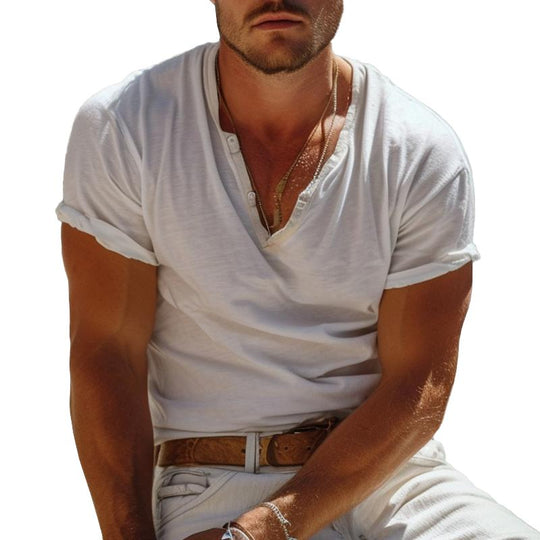 Herren T-Shirt Henley-Kragen Kurzarm Lässig 1