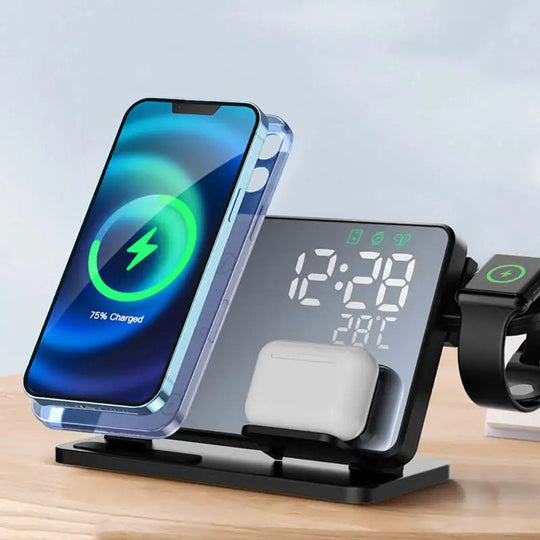 Kabellose 3-in-1-Ladestation mit Wecker für iPhone und Apple Watch 0