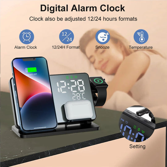 Kabellose 3-in-1-Ladestation mit Wecker für iPhone und Apple Watch 1