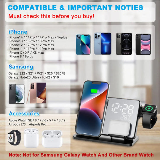 Kabellose 3-in-1-Ladestation mit Wecker für iPhone und Apple Watch 5