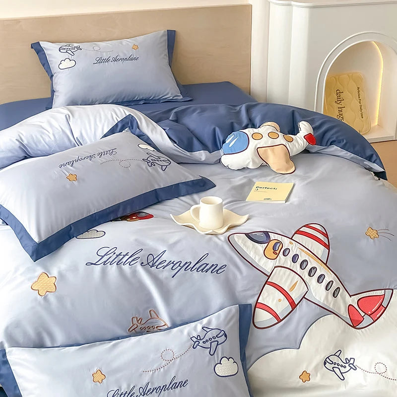 Kinder Bettwäsche Set Flugzeugmotiv mit Stickerei 2