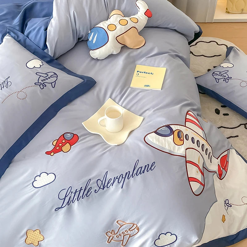 Kinder Bettwäsche Set Flugzeugmotiv mit Stickerei 3