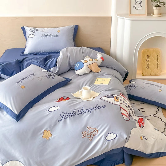 Kinder Bettwäsche Set Flugzeugmotiv mit Stickerei 4