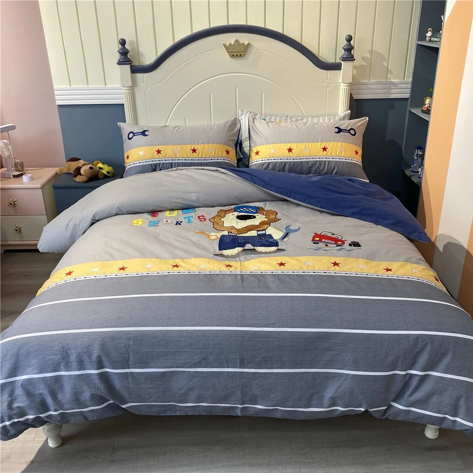 Kinder Bettwäsche Set Wendbares Design mit Sternenmuster und Teddybär-Stickerei 4
