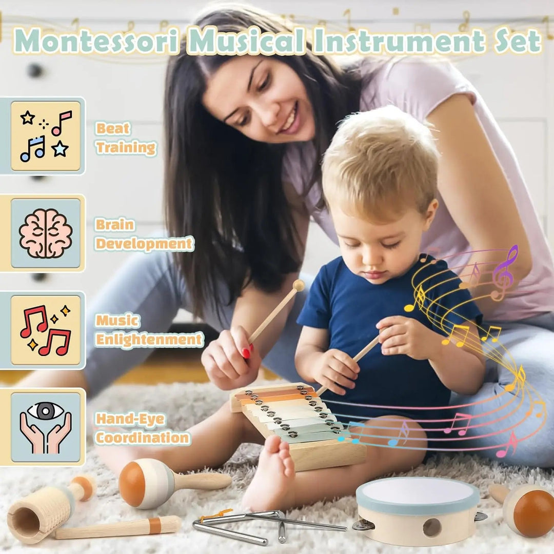 Kinder Musikinstrumente Set Montessori Holz für Kleinkinder, Xylophon, Maracas, Triangel, Tamburin, Pädagogisches Spielzeug 1
