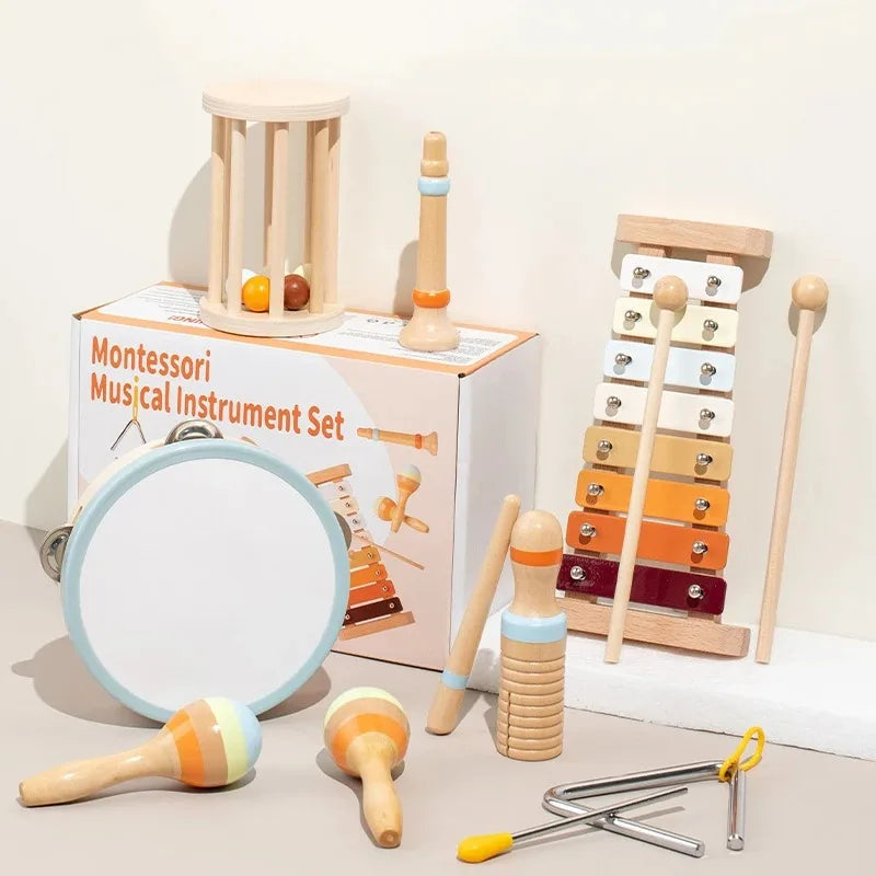 Kinder Musikinstrumente Set Montessori Holz für Kleinkinder, Xylophon, Maracas, Triangel, Tamburin, Pädagogisches Spielzeug 5