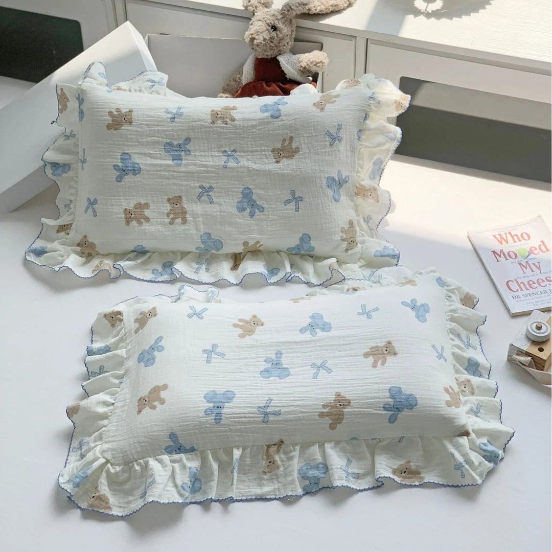 Kinderkissenbezug-Set Musselin mit Hasenmotiv und Rüschen 7