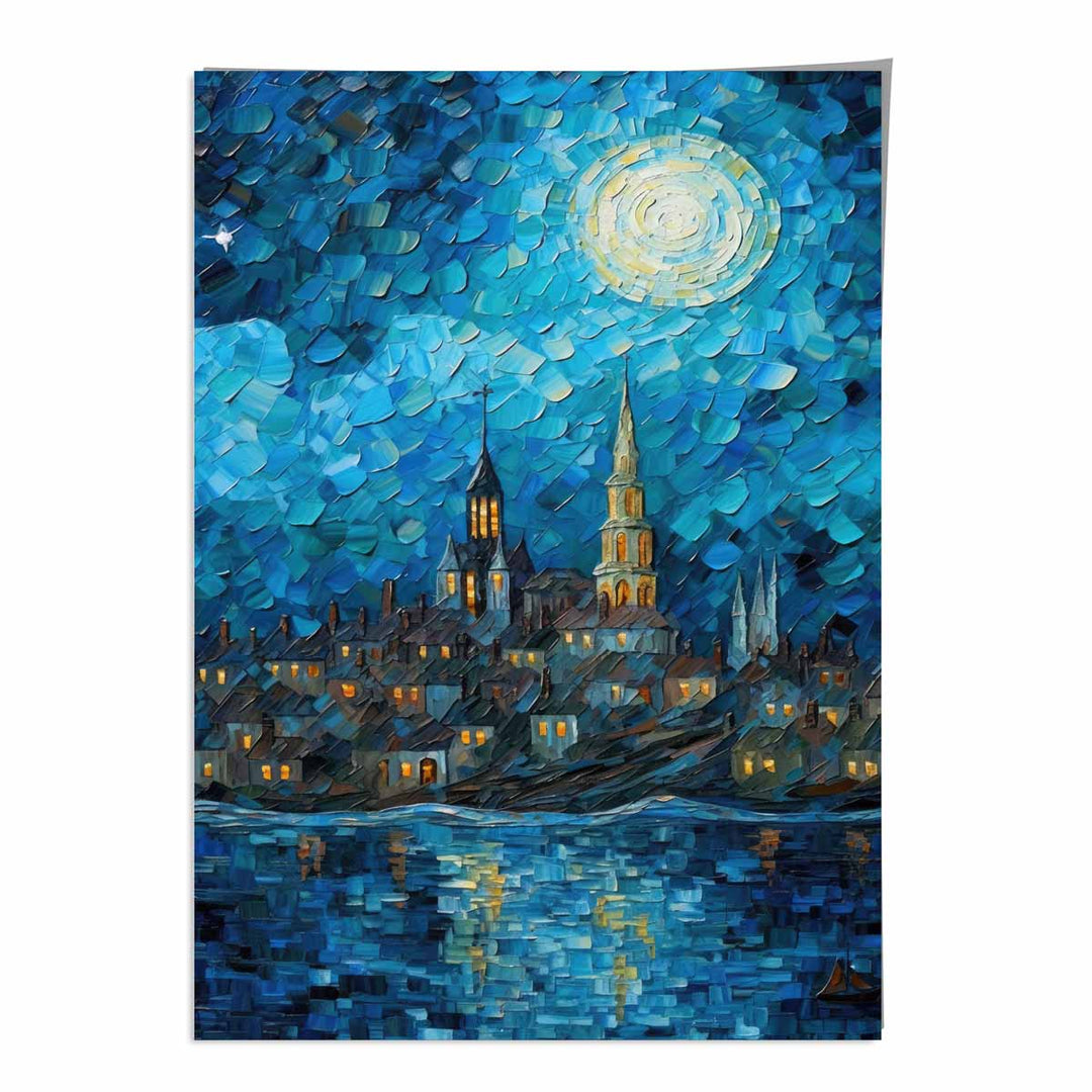 Kunstdruck Stadt am See bei Nacht – Stilvolle Wanddekoration für Wohnräume und Büros 0