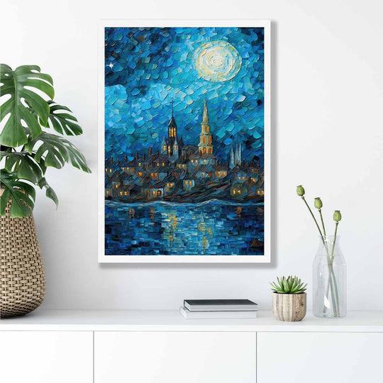 Kunstdruck Stadt am See bei Nacht – Stilvolle Wanddekoration für Wohnräume und Büros 4
