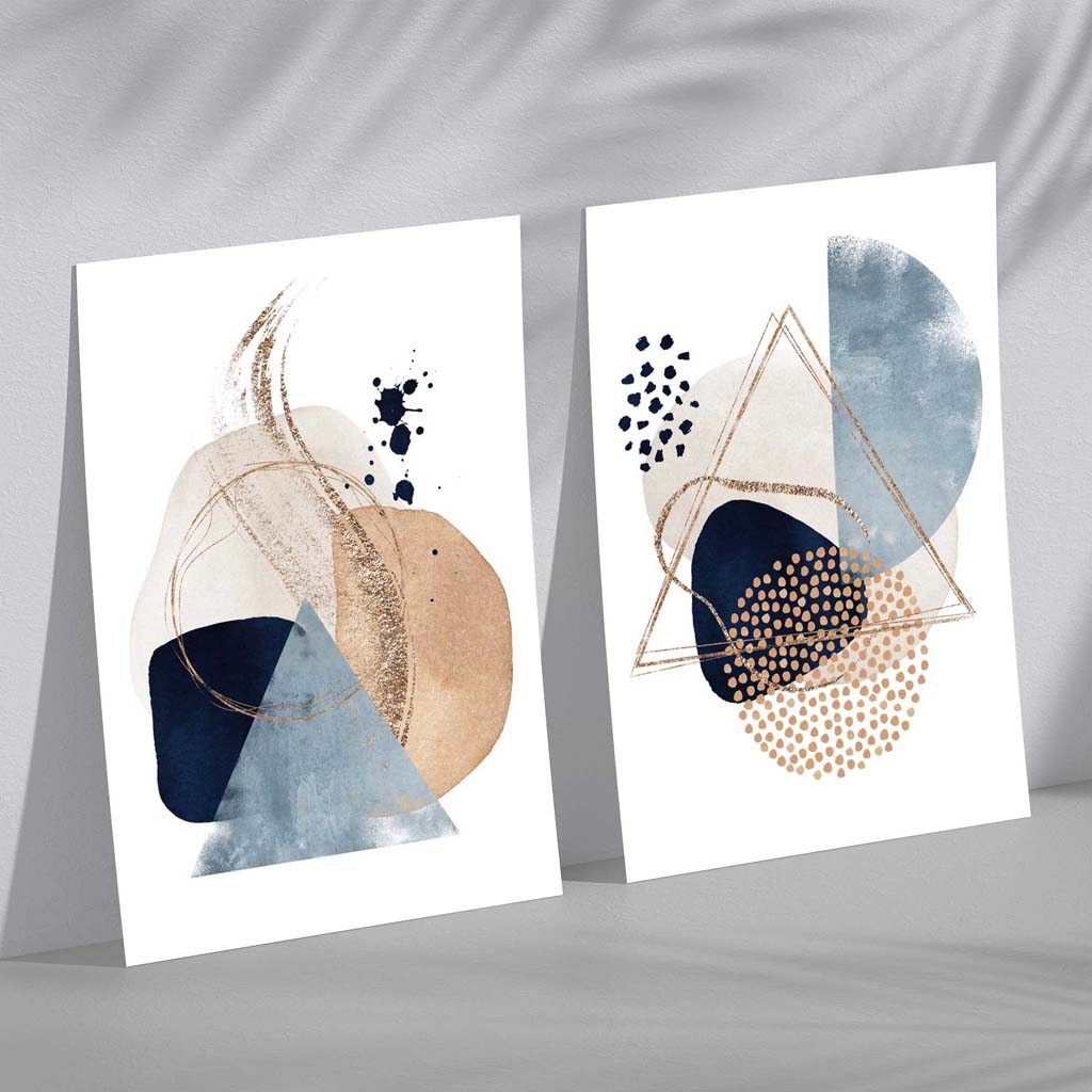 Kunstdrucke Set mit Aquarellformen in Blau und Beige 0