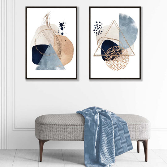 Kunstdrucke Set mit Aquarellformen in Blau und Beige 1