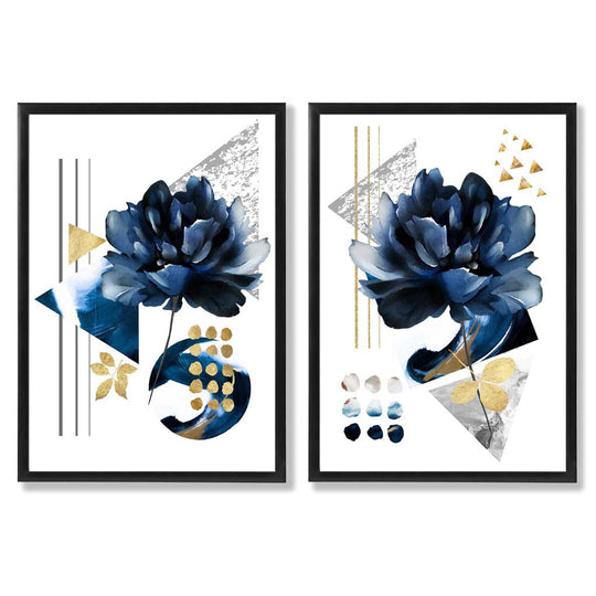 Kunstdrucke Set mit Blumenmotiv in Blau und Gold – Kunstdrucke auf Leinwand mit Rahmen 0