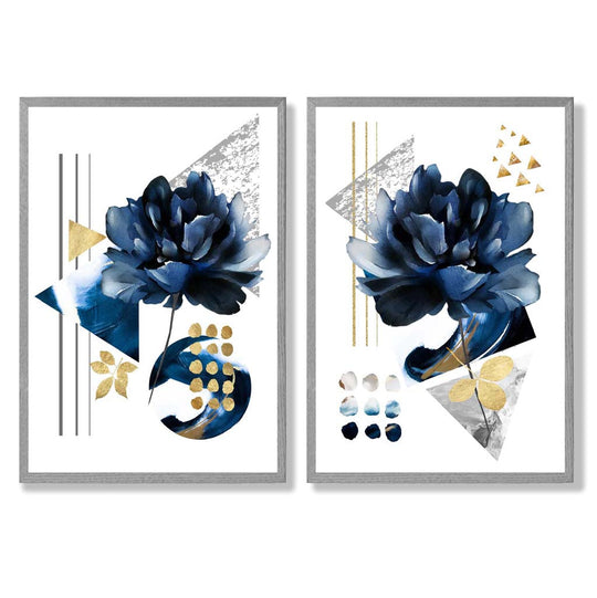 Kunstdrucke Set mit Blumenmotiv in Blau und Gold – Kunstdrucke auf Leinwand mit Rahmen 5