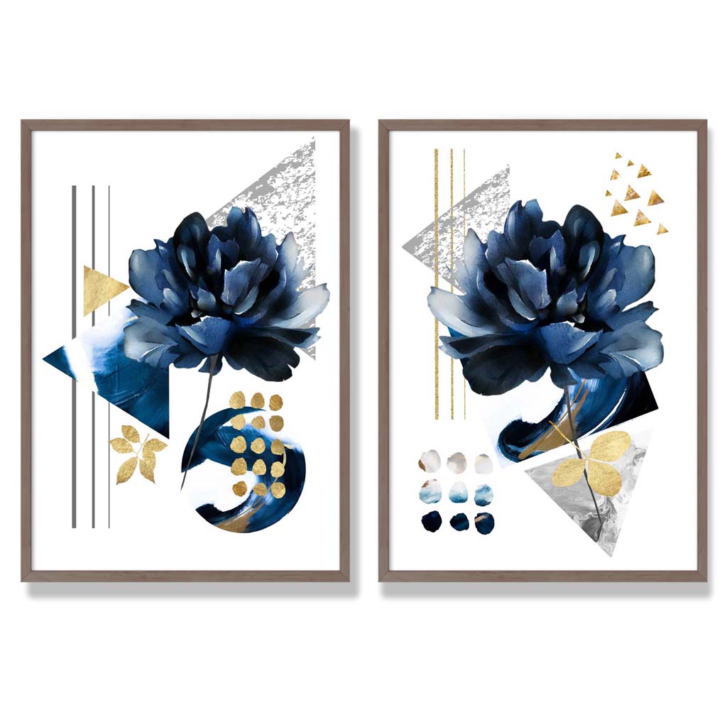 Kunstdrucke Set mit Blumenmotiv in Blau und Gold – Kunstdrucke auf Leinwand mit Rahmen 7