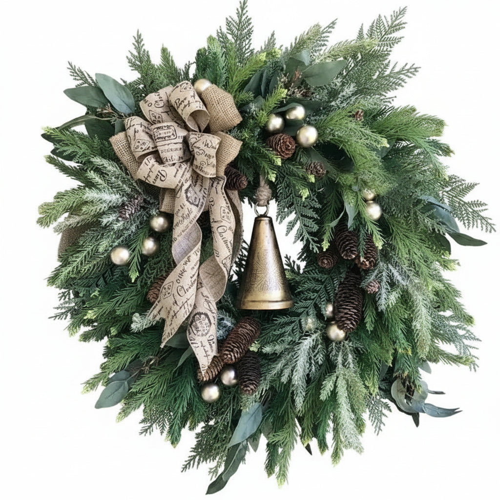 Künstlicher Weihnachtskranz für Tür und Wand mit Tannenzapfen und Jute-Schleife, Festliche Dekoration für Advent und Weihnachten 0