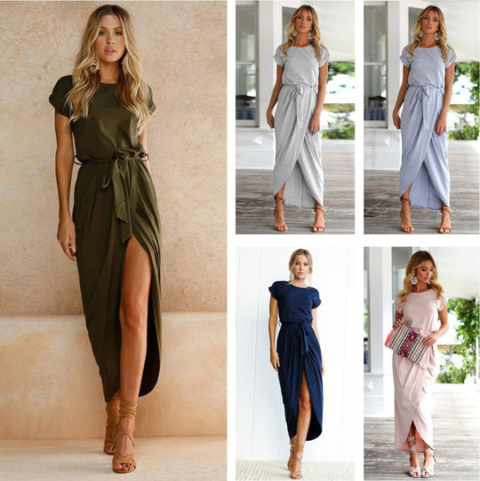 Kurzärmeliges Maxikleid Mit Rundhalsausschnitt