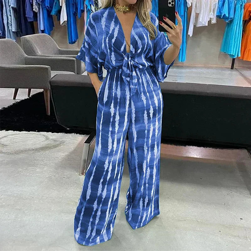 Damen Jumpsuit Elegant Fließende Silhouette mit Tiefem V-Ausschnitt für Sommer und Hochzeit-1