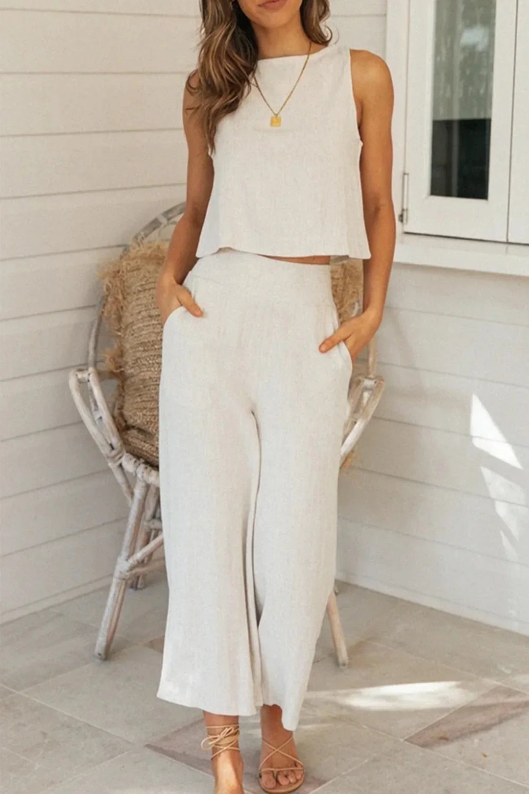 Variant image for Damen Set Leinen Shirt und Hose Beige Atmungsaktiv Elegant-1