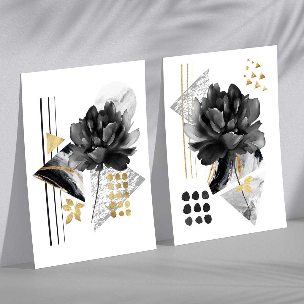 Moderne Kunstdrucke Set mit Blumenmotiven in Schwarz und Gold - Poster Kunstdrucke auf Leinwand kaufen 0
