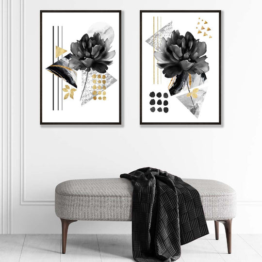 Moderne Kunstdrucke Set mit Blumenmotiven in Schwarz und Gold - Poster Kunstdrucke auf Leinwand kaufen 1