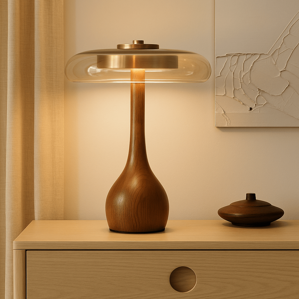 Moderne LED-Tischleuchte mit Holzsockel 0