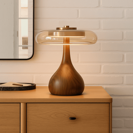 Moderne LED-Tischleuchte mit Holzsockel 1