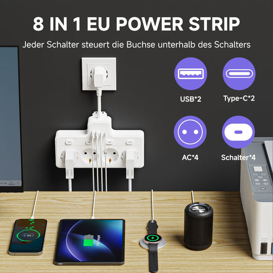 Multifunktionale Steckdosenleiste mit Schalter, 4 AC-Steckdosen und 2 USB-Anschlüsse für Zuhause und Büro 1