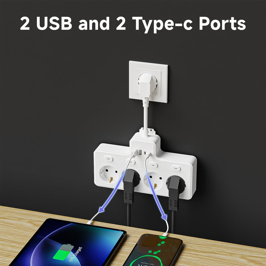 Multifunktionale Steckdosenleiste mit Schalter, 4 AC-Steckdosen und 2 USB-Anschlüsse für Zuhause und Büro 6