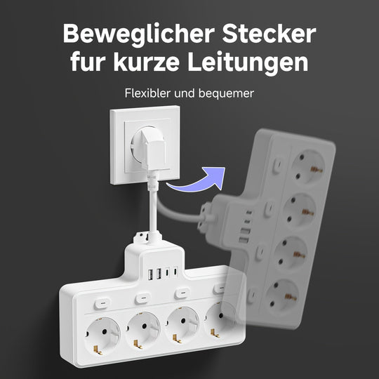 Multifunktionale Steckdosenleiste mit Schalter, 4 AC-Steckdosen und 2 USB-Anschlüsse für Zuhause und Büro 7