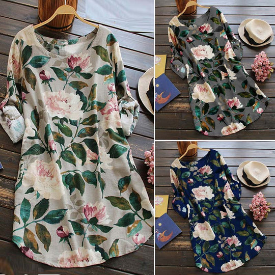 Retro Floral Langärmeliges Kleid