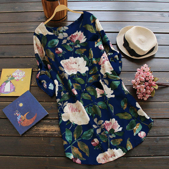 Retro Floral Langärmeliges Kleid