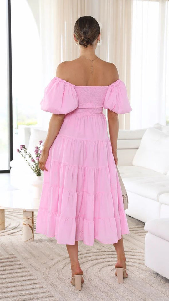 Damen Midi Kleid Off-Shoulder Elegantes Sommerkleid Aus Atmungsaktivem Stoff-4