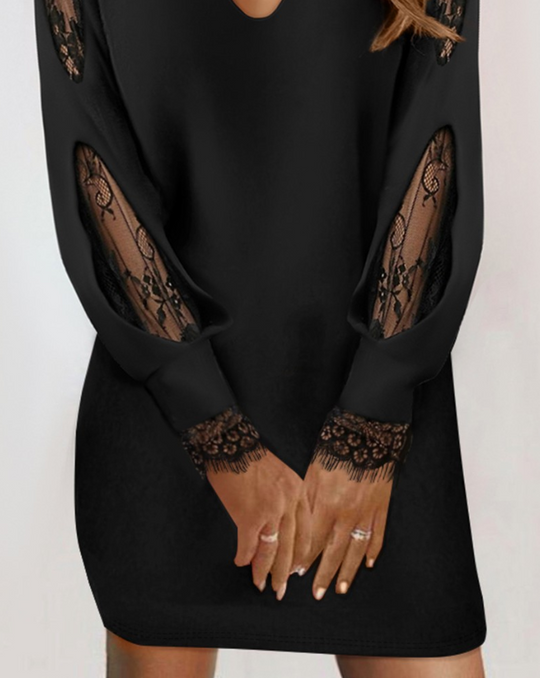 Damen Kleid Kurz Lässig Baumwolle mit Spitzenbesatz-3