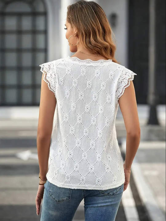 Damen Top V-Ausschnitt Festlich Leichter Stoff mit Stickerei-2
