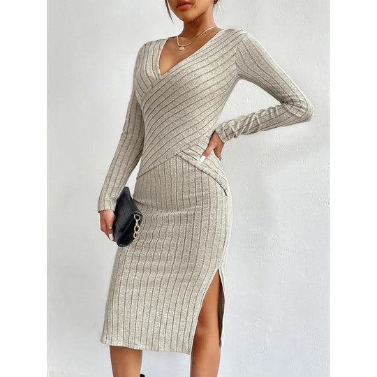 Damen Midi Kleid Gerippt Elegante Passform Baumwollmix mit Seitenschlitz 2