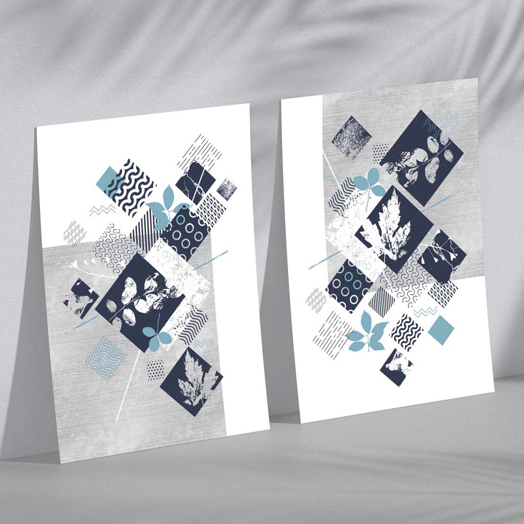 Set mit 2 Kunstdrucken Blumen in Blau und Grau 0