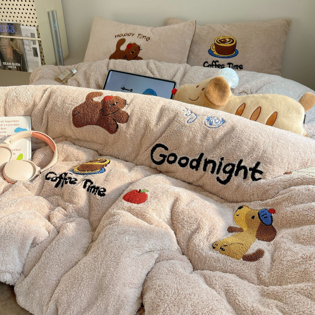 Unisex Bettwäscheset Teddyfleece mit gestickten Cartoon-Motiven 1