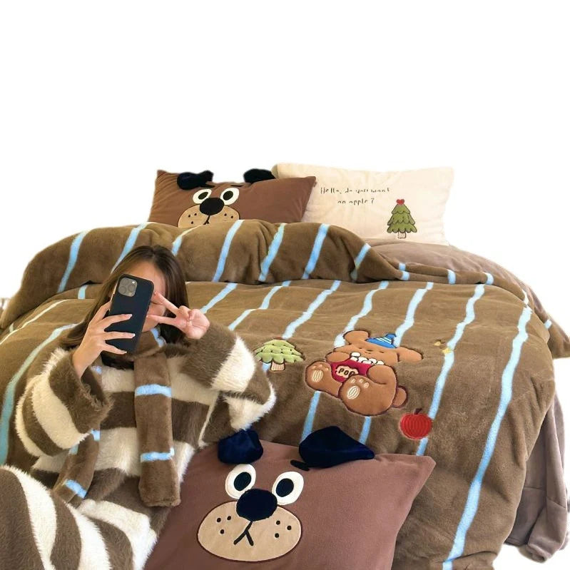 Unisex Kuscheldecken- und Kissenbezug-Set mit Katzenapplikationen 5