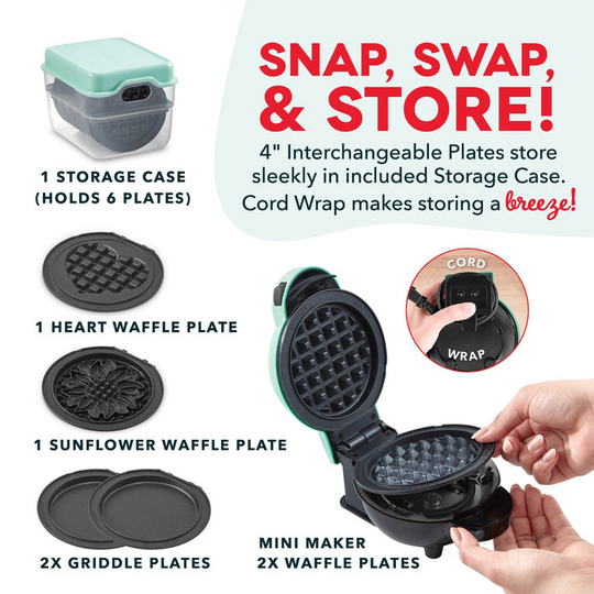 Waffeleisen Mini Presse für Waffeln und Grillgerichte, Kompakt und Tragbar, Abnehmbare Platten 4