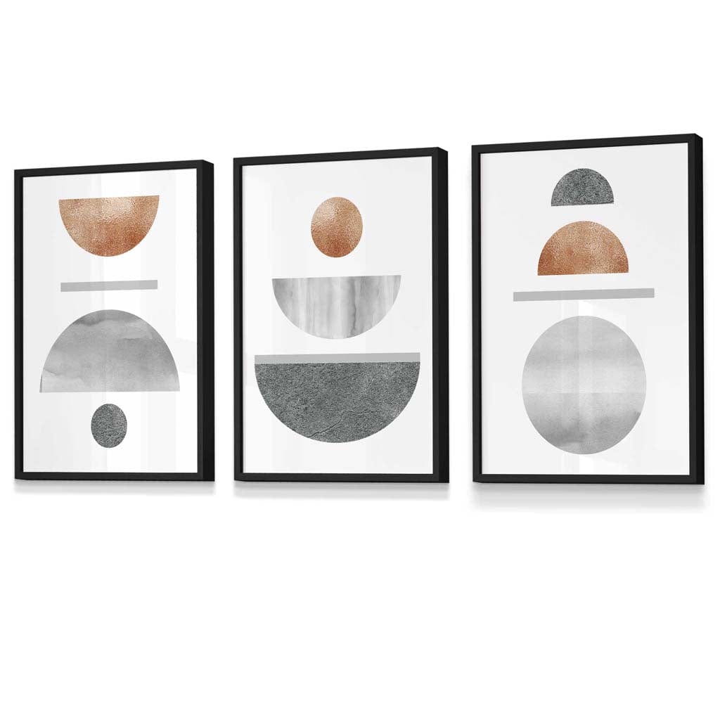 Wandkunst Set für modernes Wohndesign im Mid-Century Stil – 3-teiliges geometrisches Set mit Kupfer- und Grautönen 0
