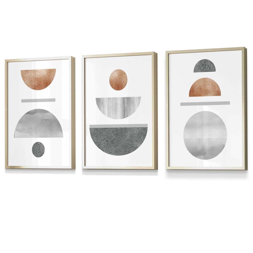 Wandkunst Set für modernes Wohndesign im Mid-Century Stil – 3-teiliges geometrisches Set mit Kupfer- und Grautönen 1