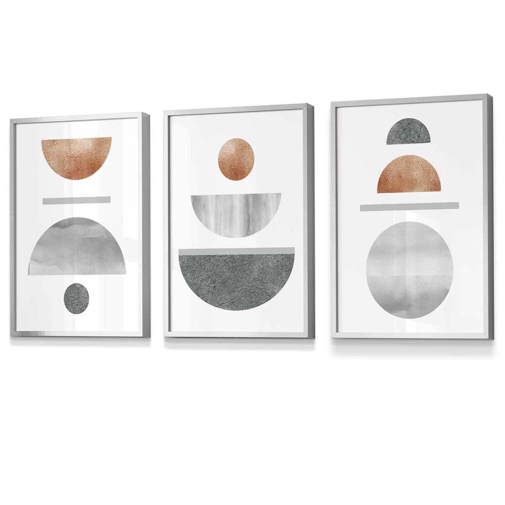 Wandkunst Set für modernes Wohndesign im Mid-Century Stil – 3-teiliges geometrisches Set mit Kupfer- und Grautönen 2