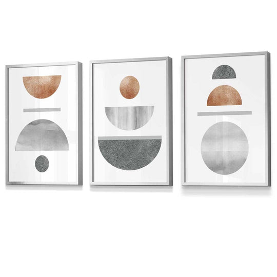 Wandkunst Set für modernes Wohndesign im Mid-Century Stil – 3-teiliges geometrisches Set mit Kupfer- und Grautönen 2