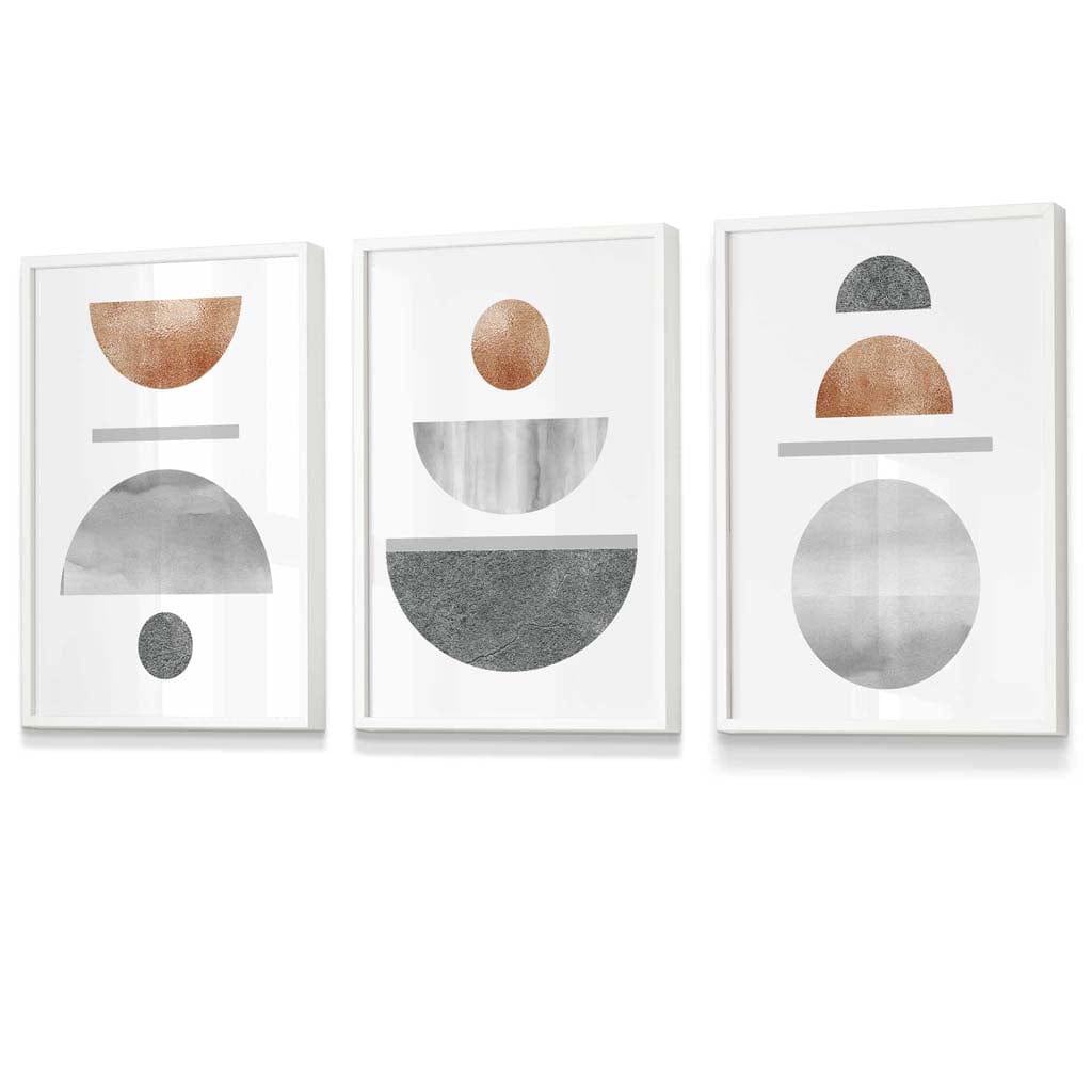 Wandkunst Set für modernes Wohndesign im Mid-Century Stil – 3-teiliges geometrisches Set mit Kupfer- und Grautönen 3