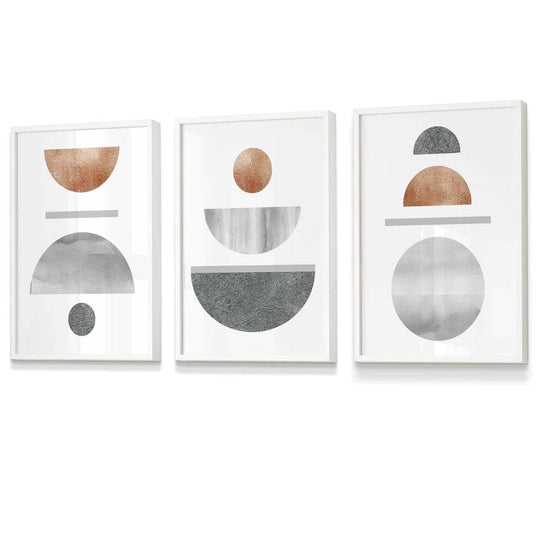 Wandkunst Set für modernes Wohndesign im Mid-Century Stil – 3-teiliges geometrisches Set mit Kupfer- und Grautönen 3