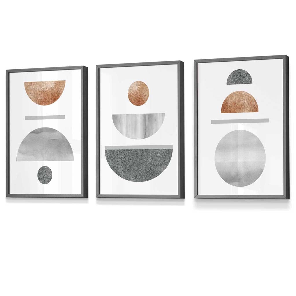 Wandkunst Set für modernes Wohndesign im Mid-Century Stil – 3-teiliges geometrisches Set mit Kupfer- und Grautönen 4