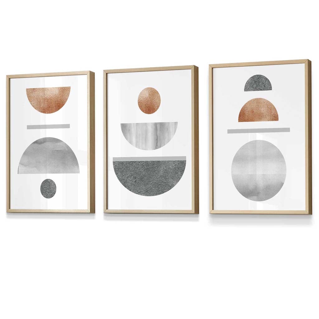 Wandkunst Set für modernes Wohndesign im Mid-Century Stil – 3-teiliges geometrisches Set mit Kupfer- und Grautönen 6
